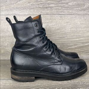 Frye Julie Women’s Sz 9B Black Leather Hi Top Lace Up Lug Almond Toe Combat Boot